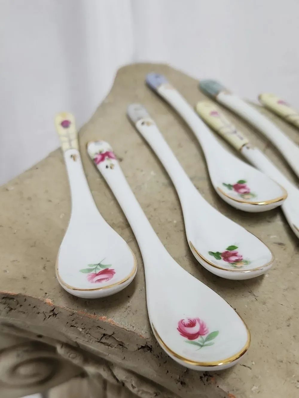 Vintage Handpainted Floral Porcelain Tea Spoons Condiment Spoons